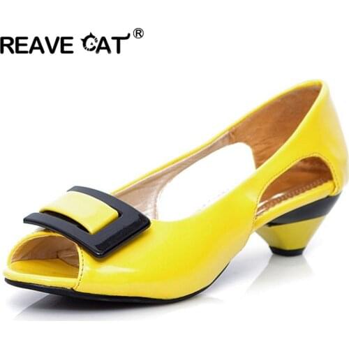 REAVE CAT Plus size 31-43 Small Wedge Peep toe Multi color Summer Women sandals Flower Patent Open toe Cone heels Casual Flats