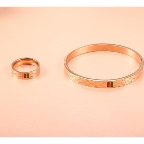 Luxury Brand Jewelry Set For Women Female Stainless Steel Gold Plating Rings Width 4mm 6mm 8mm Bangle Bracelet Jewelry Set