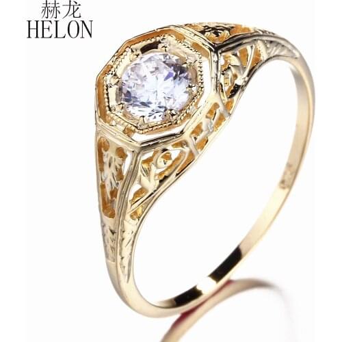 HELON Moissanite Ring Real 14K Yellow Gold 0.4ct VVS/DEF Test Positive Moissanite Diamonds Engagement Ring Women Vintage Jewelry
