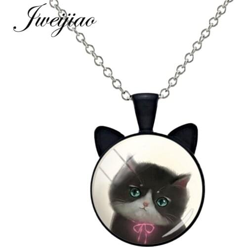 JWEIJIAO Lovely Animal Cat Picture Necklace Ear Shaped Pendant Pet Lovers Charm Jewelry your finish choice C779-25