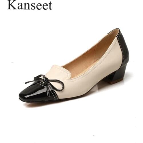 Kanseet Bow-Tie Mixed Colors Mid Heels Shoes Genuine Leather 2021 Spring Autumn Women Pumps Square Toes Female Shallow Footwear