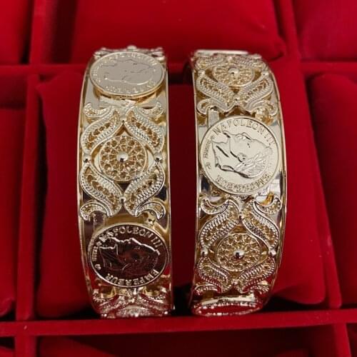 Classic French Coin Gold Napoleon III Bracelet Hollowed-Out Design Wedding Design Bangle