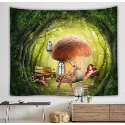 Dreamlike Mushroom House Tapestry Beautiful Creative Forest Wall Decor Tropical Trees 3D Decorative Wall Hanging Tapestry