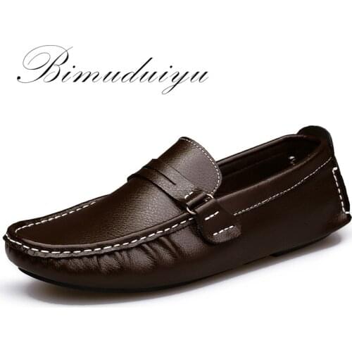 BIMUDUIYU Brand New Men Flats Soft Bottom Leather Comfy Driving Shoes Handmade Summer Slip On Causal Shoes For Man Size 38-47