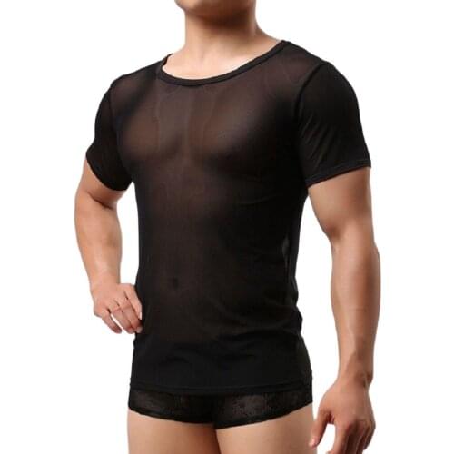 Mens Short Sleeve Full Transparent Mesh T-Shirt Sexy Grenadine Slimming Casual Fad Sexy Korean Version Tees See-Through Blouses