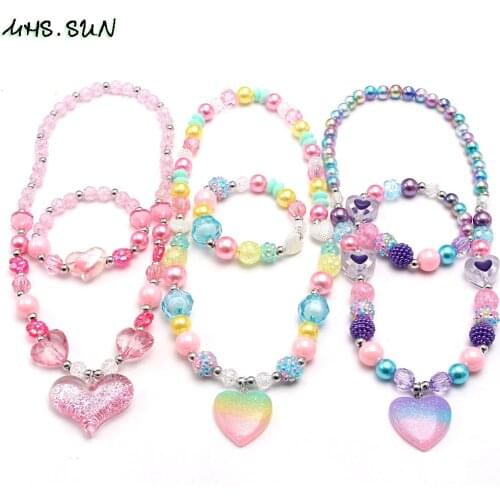 MHS.SUN New Baby Girls Beads Jewelry Set Colorful Heart Pendant Necklace Bracelets Elastic Toddler Kids Party Accessories 1Set