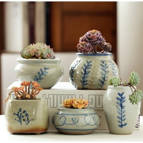 New Vintage Blue&White Ceramic Hand Painted Succulent Flower Pot Old Pile Stoneware Basin Home Balcony Garden Decoration