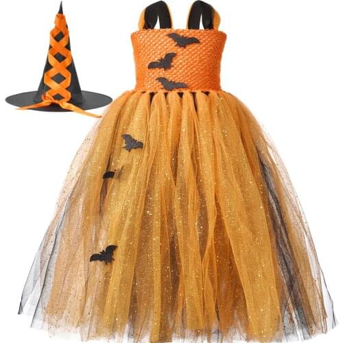 Orange & Black Girls Bat Witch Tutu Dress Pumpkin Halloween Costume Kids Clothes Sparkle Tulle Girls Fancy Carnival Party Dress