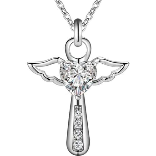 925 Sterling Silver Jesus Cross Necklace Exquisite Jewelry Double Angel Wings Crystal Heart Zircon Pendant Necklace