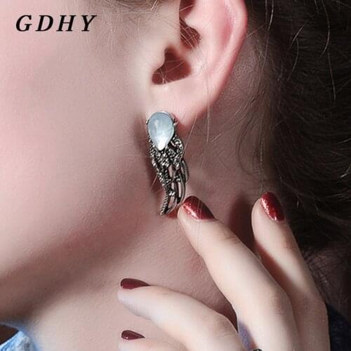 GDHY Sexy Hollowing Feather Angel Wings Stud Earrings Moonstone Opal Rhinestone Alloy Wings Feather Brincos Womens Ear Jewelry