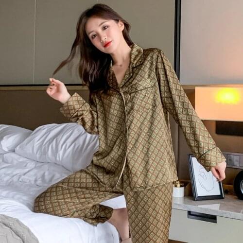 New Satin Nightwear Casual Lady 2PCS Shirt&Pants Pajamas Set Silky Print Pijamas Sleep Suit Loose Intimate Lingerie