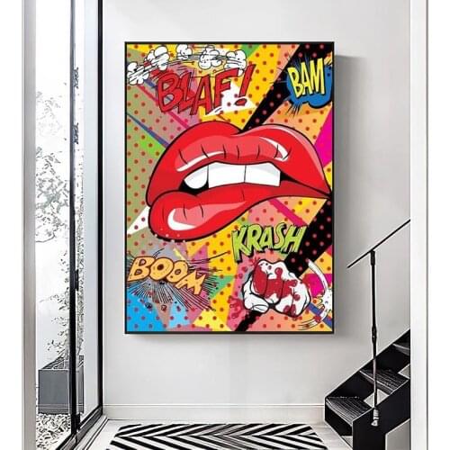Pop Culture Biting Lips Poster Canvas Painting Wall Art Picture for Living Room Home Decor (No Frame)