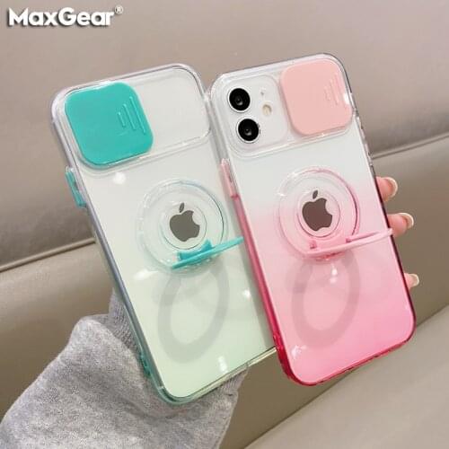 Gradient Transparent Slide Lens Camera Protection Case For iPhone 12 Pro Max 11 Pro Max X XS XR 7 8 Plus Ring Holder Soft Cover