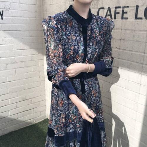 Flower Print High Waist Ruffles Dress Autumn Elegant Stand Collar Velvet Patchwork Vestidos Chic Button Dresses Women