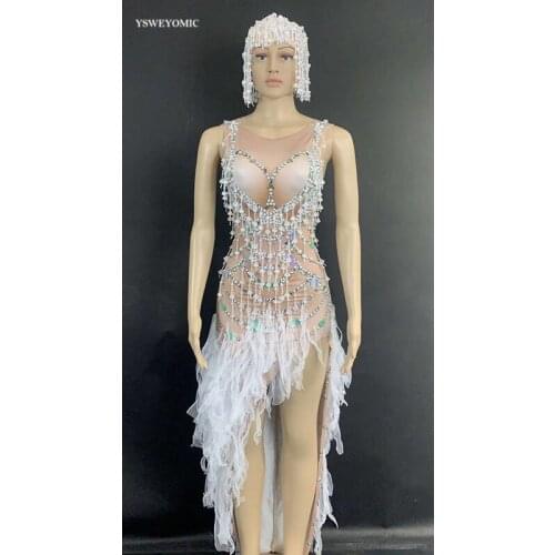 Stage Wear Sexy Women Fashion Nude Tassel Crystal Peals Party Club Dress Birthday Celebrate Dresses Stage Performance Outfit