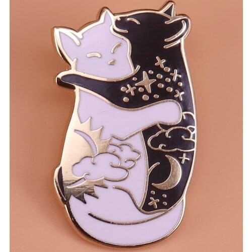 Cute Day and night hugging cat enamel pin Celestial Yin yang cat badge pair of cats brooch couple gift galaxy animal jewelry