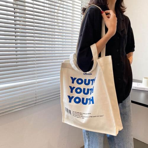 2021 Women Canvas Shopping Bag YOUTH Letters Print Books Bag Female Shoulder Bag Eco Handbag Tote Reusable Grocery Shopper Bags