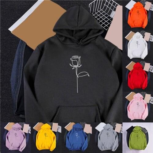 Women Harajuku Rose Hoodies Winter Kpop Flower Print Korean Style Sweatshirt Casual Loose Plus Size Female Pullovers Streetwear