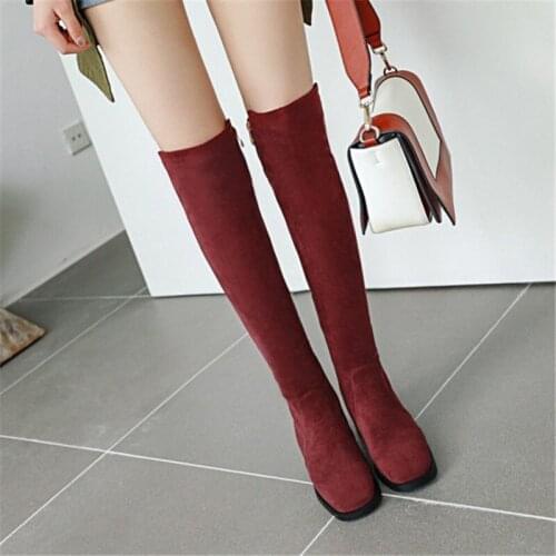 PXELENA Patchwork Flock Women Over The Knee Boots Zip Comfort Casual 2020 Winter Low Heels Thigh High Boots Ladies Shoes 34-43
