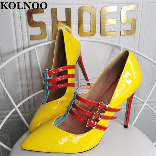 KOLNOO Handmade Womens Stiletto Heeled Pumps Three Buckle Straps Pointed-Toe Yellow Patent Leather Party Dress Fashion Shoes