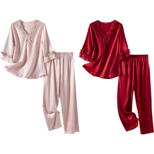 Thin Section Seven-point Sleeve Silk Ladies Set Embroidery Lace Two Sets Of Home Service for Women Spring And Autumn