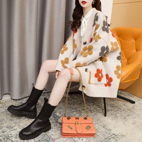2021 Autumn Winter Woman Knitted Sweaters Female V Neck Thick Print Cardigan Coat Ladies Loose Button Outwear Tops 2xl H1009