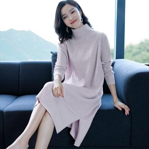 Women Cashmere Dress Autumn Winter Fashion Design Female Turtleneck Sweater Wool Dress Pullovers
