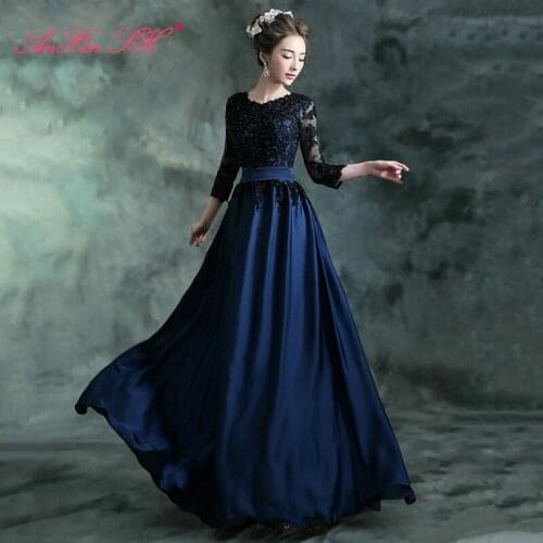 AnXin SH Blue black long sleeved bride evening Dresses dinner will host long blue lace princess beading evening dress 10097