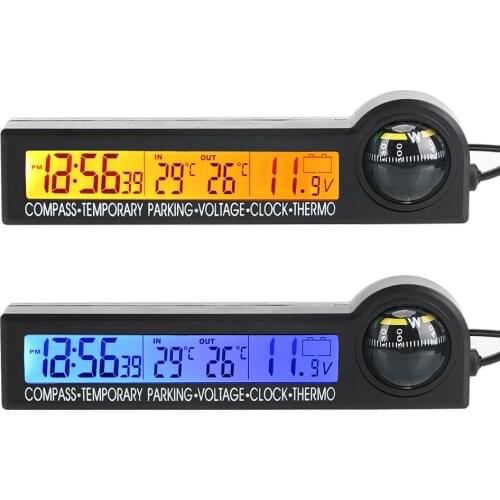 LCD Display Screen Compass Thermometer 5 in 1 Clock Calendar Voltage Tester Multi-Function Car Temporary Parking Card