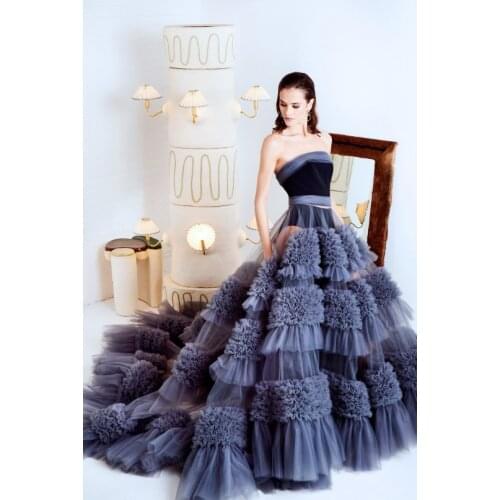 2021 Trendy Formal Dress Ruffle See Thru Prom Dressing Female Outfit Party Dresses Tiered Ruffle Prom Gowns Puff Off Shoulder
