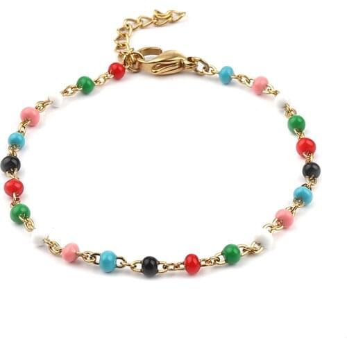 Enamelled Beads Bracelet Stainless Steel Link Cable Chain Bracelets Gold Color multicolor Enamel Hands Jewelry For Women Party