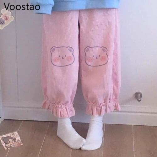 Japanese Sweet Cute Sweatpants Women Cartoon Bear Embroidery Lolita Pink Wide Leg Pants Kawaii All-match Loose Straight Trousers