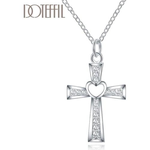DOTEFFIL 925 Sterling Silver 18 Inch Chain Cross AAA Zircon Heart Necklace For Women Fashion Wedding Party Charm Jewelry