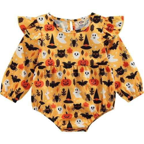 Baby Boys Girls Halloween Rompers Toddler Newborn Infant Cartoon Print Long Sleeve Button Jumpsuits Overalls Clothes