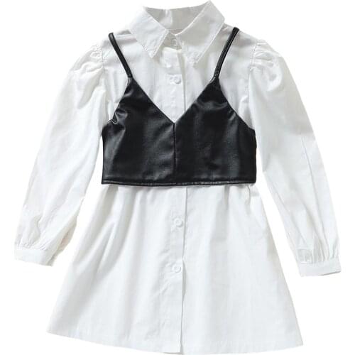 Kids Baby Girl’s Long Sleeve Dress and Vest Fashion Solid Color Lapel Shirt Dress with Leather Camisole