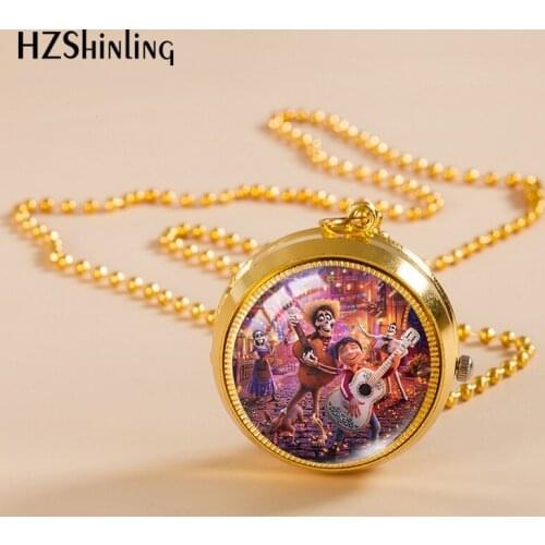 Disney Cartoon Coco Guitar Pattern Gold Color Pocket Watch Glass Cabochon Pendants Fashion Jewelry Necklace