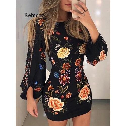 Elegant Fashion Women Slim Fit Leisure Casual Bodycon Mini Dress Female Cutout Back Bishop Sleeve Floral Dress