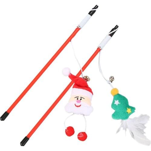 2PCS Christmas Cat Feather Wand Cute Santa Tree Deer Boot Cat Teasers Cat Wands for Xmas
