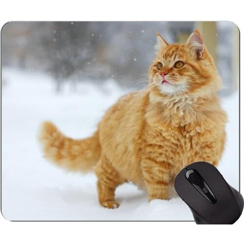Mouse Pad with Stitched Edge,Snow Tabby Cat Winter Animal Cat Non-Slip Rubber Base Mousepad