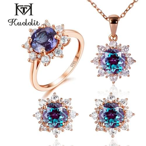 Kuololit 585 Rose Gold Lab Alexandrite Gemstone Jewelry Set for Women Genuine 925 Sterling Silver Pendant Necklace Earring Party