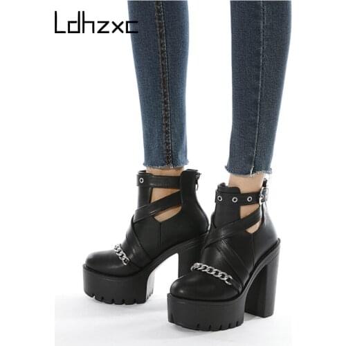 LDHZXC Spring Autumn Fashion Ankle Boots for Women High Heels Casual Cut-outs Buckle Round Toe Chain Thick Heels Platform Shoes