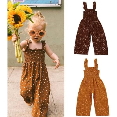 Toddler Baby Girl’s Summer Suspender Jumpsuit Fresh Polka Dot Ruffles Boat Neck Long Pants 2Styles Clothing 1-6Years