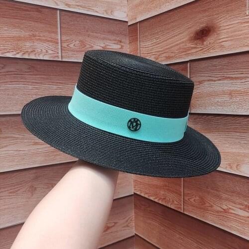 2021 Summer Womens Raffia Ribbon Straw Boater Hat Fedora Panama Flat Top Sun Helmet