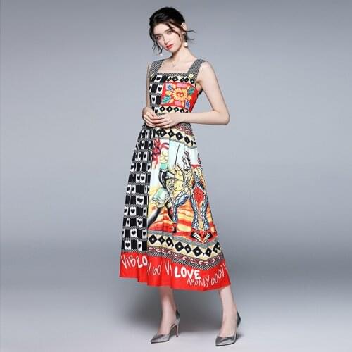 Menahem Summer Floral Cartoon Print Tank Long Dress Women Sexy Sleeveless Square Collar Backless Party Elegant Maxi Beach Dress