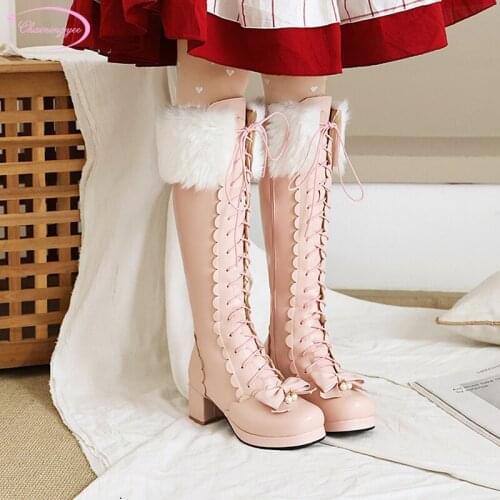 Sweet style round head winter warm riding boots fashion lace-up bowknot zipper medium heel thick knee-high boots womens shoes