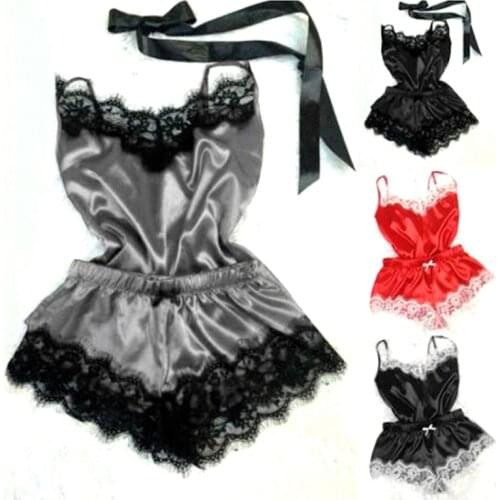 Fashion Women Pajamas Women Sleepwear Sleeveless Strap Nightwear Lace Trim Satin Cami Top Pajama Sets Sexy Hot Erotic Home Wear