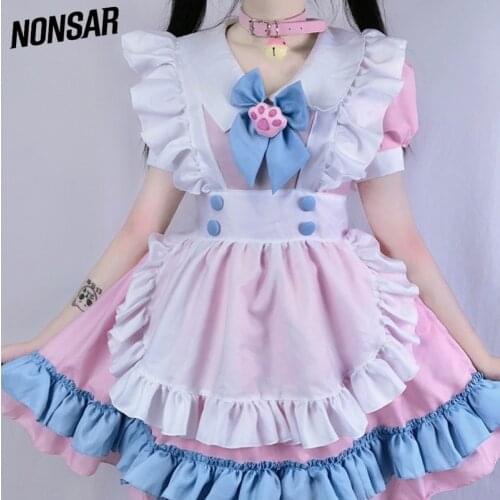 NONSAR Women Maid Outfit Lolita Dress Cosplay Apron Dresses Blue Pink And White Ribbon Maid Party Stage Costumes