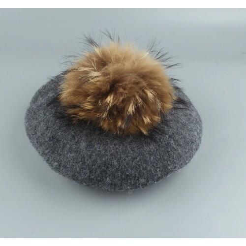 2020 New Big Real Fur Pompom Beret Women Vintage Artist Beret Hat Girls Autumn Spring Wool Knitted Cap