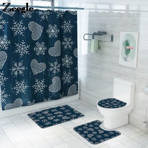 Christmas Style Snowflake Polyester Shower Curtain Home Decor Bathroom Carpet Rug Toilet Mat Floor Mat Set Anti-slip Foot Mat