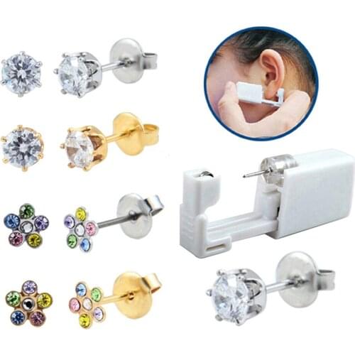 4pieces Assorted Crown Crystal & Daisy Flower Crystal Earring Stud Ear Piercing Units Gun Tools Kit Piercing Body Jewelry 20g